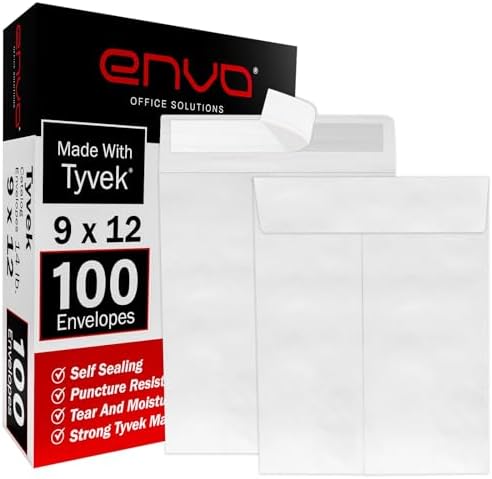 9 x 12 Envelopes, Tyvek Envelopes 9x12, Catalog Envelopes 9x12, Self Sealing Closure, Tyvek Material, 14 lb., Puncture, Tear & Moisture Resistant (100 Pack) by Unknown