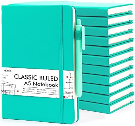 feela 12 Pack Notebooks Journals Bulk, Hardcover Notebook Classic Ruled Lined Journals with Pen Holder for Women Girls School Business Supplies, with 12 Black Pens, 120 GSM, 5.1”x8.3”, A5, Aqua by feela