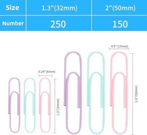 Multicolor Jumbo Paper Clips, Pastel, 1.3 Inch & 2 Inch, 400pcs - Image 4