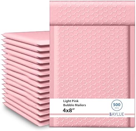 Light Pink Bubble Mailers 4x8, Poly Padded Envelopes #000, 500 Pack by BAYLUE
