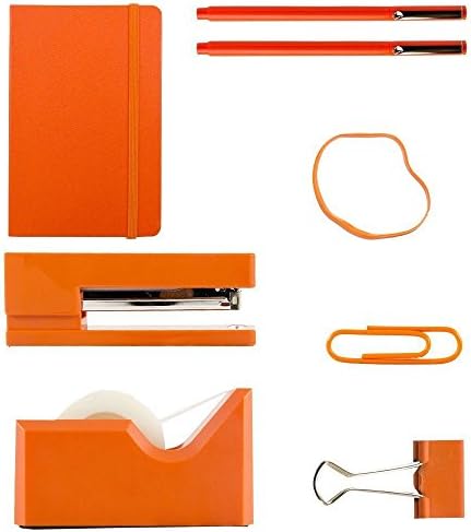 JAM PAPER Complete Desk Kit - Orange - Stapler, Tape Dispenser, Journal, Le Pens, Rubber Bands, Paper Clips & Binder Clips - 7/Pack - Image 2