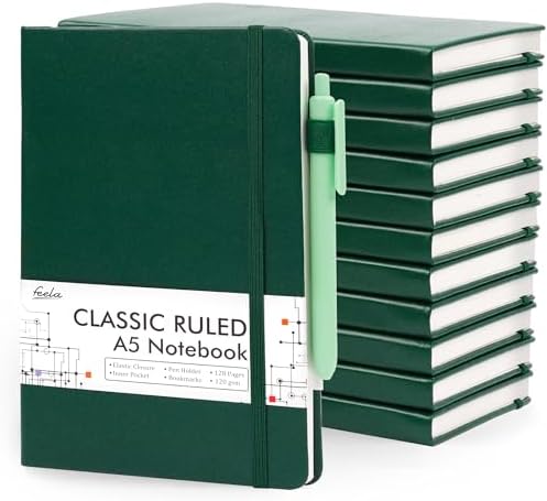 feela 12 Pack Notebooks Journals Bulk with 12 Black Pens, A5 Hardcover Notebook Classic Ruled Journal Set with Pen Holder for School Business Work Travel Writing, 120 GSM, 5.1”x8.3”, Dark Green by feela