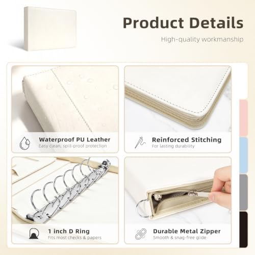 Ospelelf Beige Zippered 7 Ring Check Binder for Business Checks (9" x 13"), 1 Inch Faux Leather Checkbook Portfolio with Zipper Pouch, Professional Binder Organizer for Accountants, Home Use - Image 3