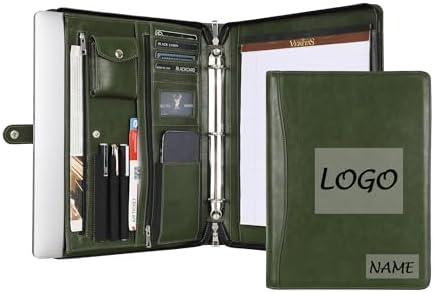 Green Leather Padfolio for Women/Men, Business 3 Ring Portfolio Binder, Personalized Zippered Organizer for A4 Notepad & 13-inch Laptop/Tablet by YLYYHH