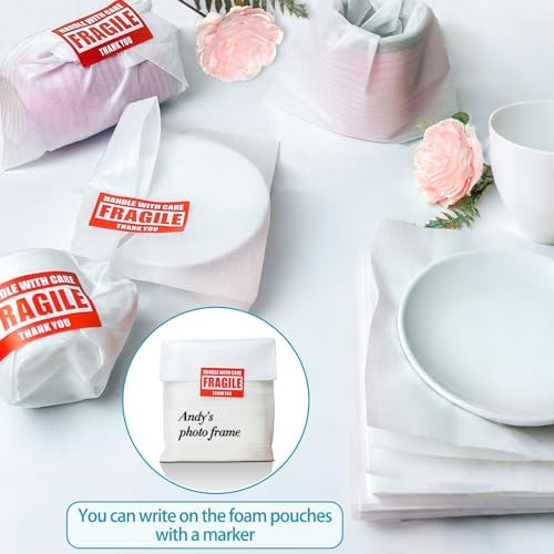 350 Pcs Dish Packing Supplies for Moving, 250 Cushion Foam Pouches and Sheets, 4 Sizes (16x12'', 12x12'', 12x8'', 8x8'') with 100 Fragile Stickers, Foam Pouches for Packing, Storage, Shipping - Image 4