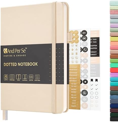 &And Per Se Dotted Journal Notebook, A5 Hardcover Leather Bullet Dotted Journal, 160 Pages 100 gsm Thick Dotted Paper，3 Stickers Included for Women Men, Work Office or School - 5.7'' x 8.3'' (Light by AndPerSe