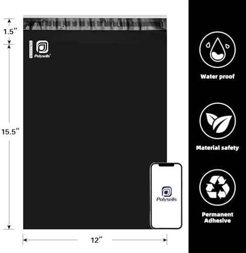 POLYSELLS 3000 pcs 12x15.5 Inches Black Poly Mailers Shipping Envelopes, Strong Adhesive Sealing, Waterproof, and Tear-resistant Postal Mailing Bags - Image 2