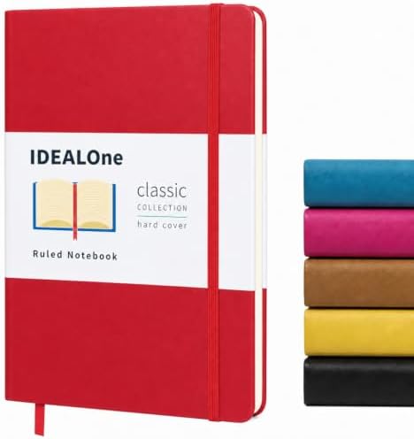 IDEALOne Dotted Hardcover Leather Notebook Journal – Work, Home, School, 5.7 x 8 inches, 7mm wide, 160 Pages, 100GSM, with Elastic Band and Ribbon Bookmark (Scarlet Red, Single) by IDEALOne