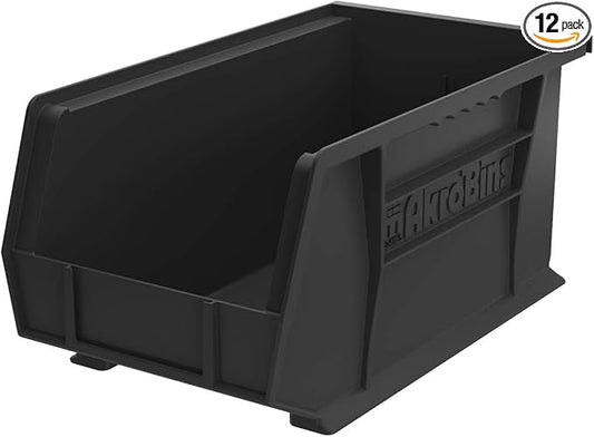 Akro-Mils 30240 AkroBins Plastic Storage Bins, 15"x8"x7", Black, 12-Pack | Space-Saving Stackable Bins for Garage, Pantry, Craft Organization by Akro-Mils