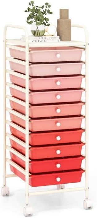 Storage Cart, Rolling Utility Cart with 10 Drawers, Portable Handles & Lockable Wheels, Mobile Paper Toys Storage Organizer Large Capacity for Home Office School Teacher (Gradient Pink) - Image 4