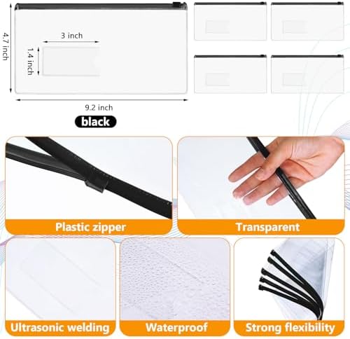 Zhehao 200 Pcs A6 Zipper Pouch Bulk, Clear Pencil Envelopes, Black - Image 2