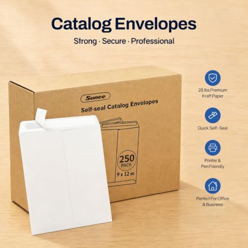 SUNEE 9 x 12 Catalog Envelopes Self Seal, Security Mailing Envelopes, 28lb White Paper, Ultra Strong Quick-Seal for Documents, Office & Business Use, 250 Pack - Image 7