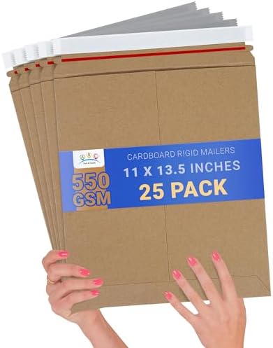ABC PACK & SUPPLY Rigid Mailers 11 x 13.5 Inch, Brown Cardboard Envelopes, Self Seal Tear Strip, 550 GSM Paperboard, Stay Flat Design, Pack of 25 by ABCPackSupply%C2%AE