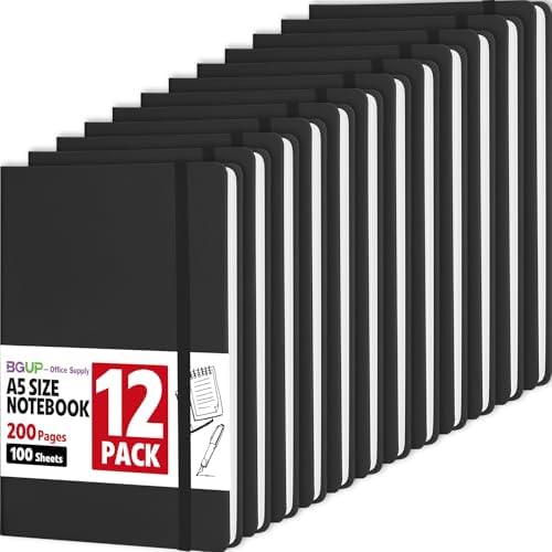 12 Pack Lined Journal Notebook for Work, 200 Pages, Medium 5.5 in x 8.3 in, A5 College Ruled, Hardcover Journaling Notebooks for Writing, Note Taking, Fit for Business Work School Home (Black) by BGUP