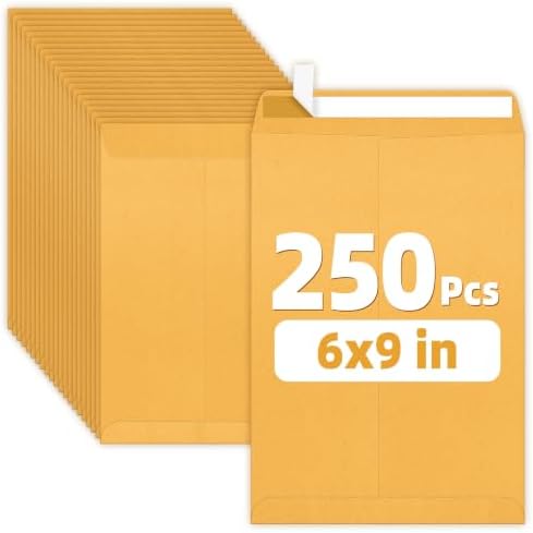 SUNEE 6x9 Manilla Envelopes, 28lb Brown Kraft, Ultra Strong Quick-Seal Security Catalog Mailing Envelopes for Documents or Photos, 250 Count by SUNEE