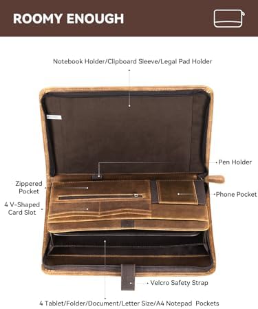 Genuine Leather Portfolio, Professional Padfolio Binder Organizer with Zipper, Stylish Brown Cowhide Padfolio for Men Women, Leather Folio Folder for Business, Legal A4/Pad Holder Compatible - Image 3