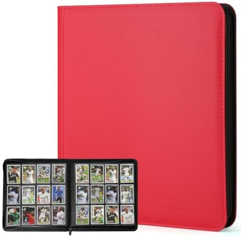 12-Pocket Business Card Binder holds 720 Cards, Premium Diamond Texture PU Leather Name Card Holder Organizer with Zipper, Black Sleeves Side Loading Card Book for Collectors & Office(red) by CARDBINDER