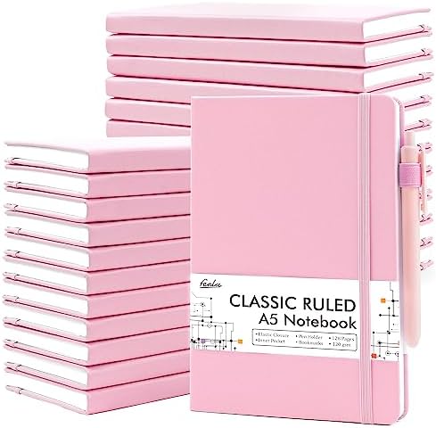 feela 24 Pack Journal Notebook Bulk for Work, Business Notebook Hardcover Lined Writing Journal with Pen Holder for Men Women Note Taking, with 24 Black Pens, 120 GSM, 5.1”x8.3”, A5, Rose Pink by feela