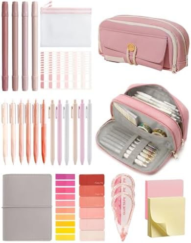 42pcs Cute Pencil Case, Large Capacity Study Pouch Bag with 4-Compartments, Portable Soft Canvas Easy Carry for Library and Office Supplies Kit, Elegant Aesthetic Study for Women (pink) by Krdrgey