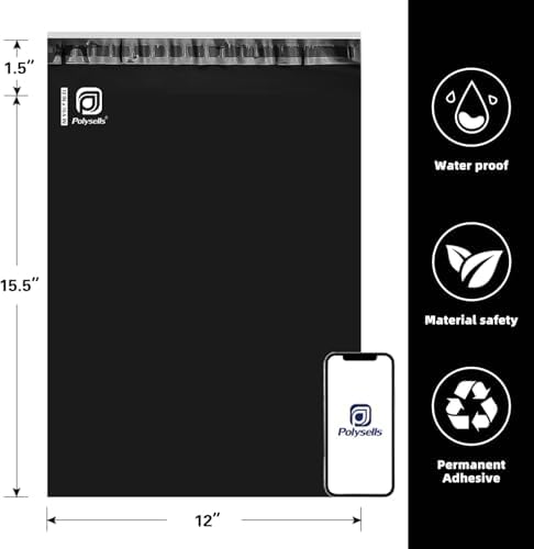 POLYSELLS 1000 pcs 12x15.5 Inches Black Poly Mailers Shipping Envelopes, Strong Adhesive Sealing, Waterproof, and Tear-resistant Postal Mailing Bags for Clothing, Books, and Accessories - Image 2
