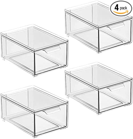 mDesign Plastic Bathroom Organizer Bin w/Pull Out Drawer - Slim Stackable Storage Container for Bathroom Accessories - Perfect for Organizing Bathroom Cabinet - Lumiere Collection - 4 Pack - Clear by mDesign