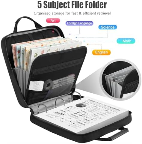 MoKo Zipper Binder, 3 Inch 3 D Ring, 5 Tab File Folders, 700 Sheets, Black - Image 2