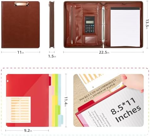 Ospelelf 3 Ring Binder Portfolio Folder with Zipper- Leather Padfolio with Clipboard Storage- Calculator, 12.1” Tablet Sleeve, 5 Dividers with Pocket, Refillable Notepad, Card Slot (Red Brown) - Image 2
