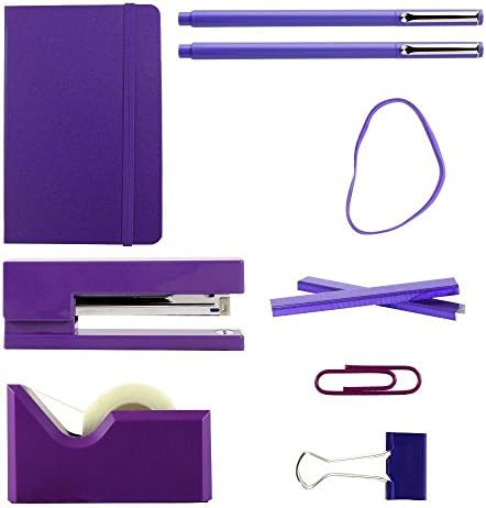 JAM PAPER Complete Desk Kit - Purple - Stapler, Tape Dispenser, Staples, Journal, Le Pens, Rubber Bands, Paper Clips & Binder Clips - 8/Pack - Image 2