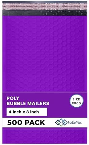 Purple Bubble Mailers 4x8, Self Seal Poly Padded Envelopes #000, 500 Pack by MAILERVIEW