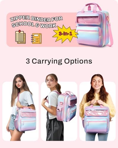 Zipper Binder 3 Ring with Ita Window, 3 Inch Binder with Zipper D-Ring Fits 14 in Laptop, 3-in-1 Shoulder/Backpack/Handle 600 Sheets Capacity for School & Office – Pink Blue - Image 4