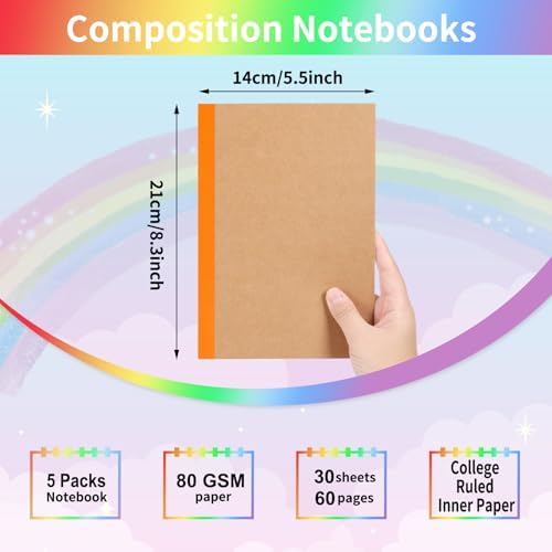 EOOUT 5 Pack A5 Composition Notebook, Kraft Lined Journal Bulk with Rainbow Spine, 5 Colors, 60 Pages for Women Girls Kids, School Office Supplies - Image 2