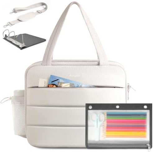 Puffer Zipper Binder 3 Ring with Pencil Pouch, 3" D-ring Binder with Zipper and Shoulder Strap, 600+ Sheets Capacity Zip Up Binder with 15.6" Laptop Pocket, Binder Bag for School College Office, Beige by Arcoyard