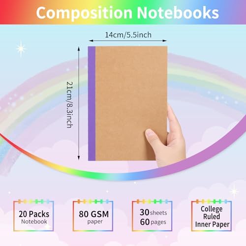 EOOUT 20 Pack A5 Kraft Notebooks, Lined Journal Bulk with Rainbow Spine, 10 Colors, 60 Pages Soft Cover Composition Notebooks for Women Girls Kids, School Office Supplies - Image 2