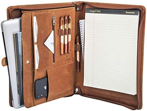 Genuine Leather Business Portfolio Padfolio Folder with Zipper for Men, Men's Leather Padfolio Folder for 13" Laptop, Business Portfolio for Letter Size Notepad, Graduation Gift，Brown by Gavarnie
