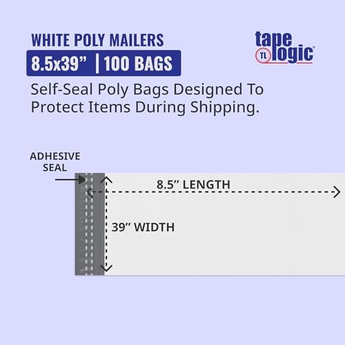 Tape Logic White Long Poly Mailer, 8.5"L x 39"W, Pack of 100 - Self-Sealing Durable Plastic Envelope for Secure Shipping, Packaging & Storage, Ideal for Personal & Small Business Shipping Needs 8.5x39 - Image 2