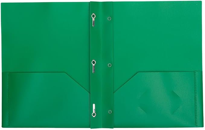 JAM PAPER Plastic 2 Pocket POP Folders - Durable School Folders with Metal Prongs Fastener Clasps - Green - 12/Pack - Image 2
