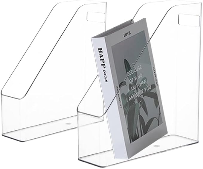 2 Pack Acrylic Magazine File Holder with Handle, Plastic Desk Organizer | Clear Acrylic Vertical File Folder Bin, Storage File Folders, Magazine Rack Document Storage Organizer for Home Office by Voittozege