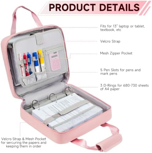 3 Ring Zipper Binder Bag, 3 Inch D-Ring 700 Sheet Capacity, Portable File Organizer with Removable Shoulder Strap & Multiple Pockets for School Office Travel Summer Study Back to School,Pink - Image 3