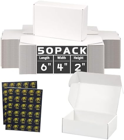 50 Pack 6x4x2 in Shipping Boxes, White Shipping Boxes for Packaging Small Business, Medium Corrugated Cardboard Mailer Boxes by DERZIFUN