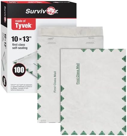Quality Park Tyvek Envelopes, 100 Pack, Large 10 x 13 Envelopes, First Class Border, Easy-to-Open Tamper Evident Pull Strip, Rip, Puncture & Water Resistant Self Sealing Mailing Envelopes, White by Quality+Park