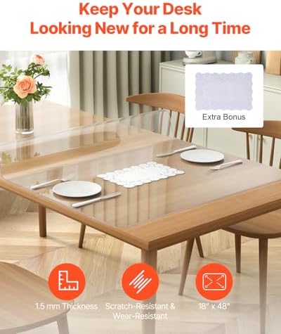 VEVOR Clear Table Cover Protector, 18" x 36" Customizable Plastic Desk Protector, 1.5 mm Thick Clear PVC Cover, Waterproof Desktop Guard for Writing, Coffee, Dining Room Desk - Image 2