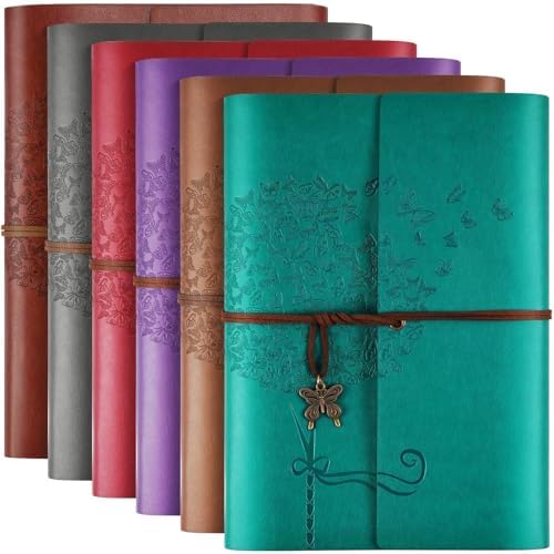 6 Pack Leather Notebook Journal, Travel Journal Bulk, Refillable Vintage Journals for Writing, Diary Gifts for Women, Men, Girls, Boys, 100GSM Lined Paper, Each 160 Pages & 2 Pockets (A5, 9.2" x 6.5") by OMEYA