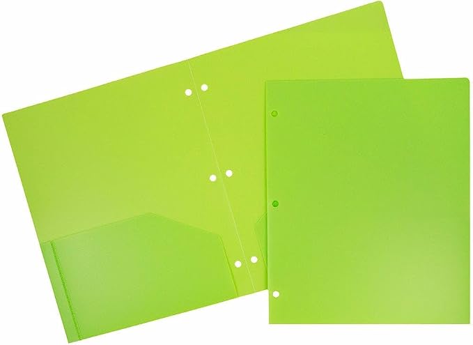 JAM PAPER Heavy Duty Plastic 3 Hole Punch Pocket Folders - Extra Tough School Folders - Lime Green - Bulk 144/Box by JAMPaper
