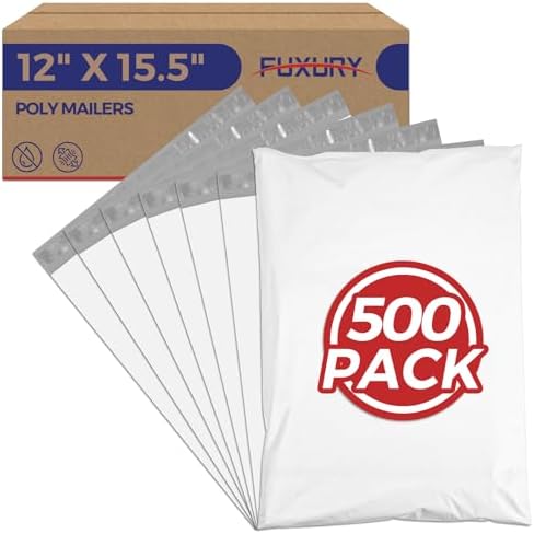 Fuxury Poly Mailers 12x15.5" 500 Pack,White Bulk Shipping Bags for Clothing by Fuxury