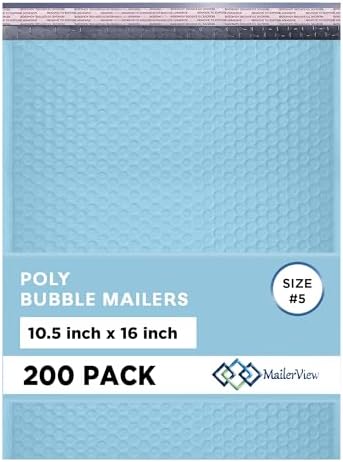 Light Blue Bubble Mailers 10.5x16 Poly Padded Envelopes #5 200 Pack by MAILERVIEW