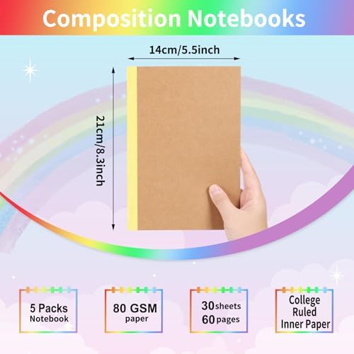 EOOUT Notebooks for Kids 5 Pack A5 Composition Notebook, Kraft Lined Journal Bulk with Blue Spine, 5 Colors, 60 Pages for Women Girls Boys, School Office Supplies - Image 2