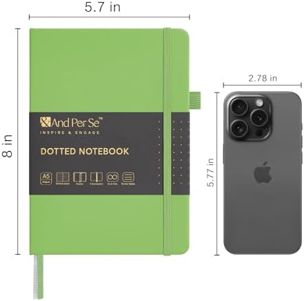 &And Per Se Dotted Journal Notebook, A5 Hardcover Leather Dotted Journal, 160 Pages 100gsm Thick Dot Grid Paper, 3 Sheets of Stickers Included - 5.7'' x 8'' (Pastel green) - Image 2