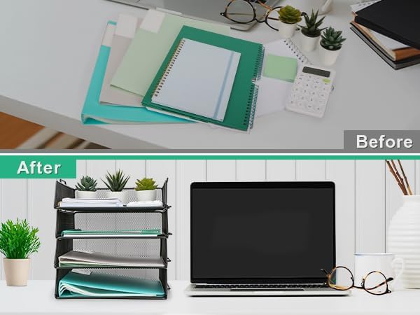 EXERZ Paper Sorter 4pcs Tier Stackable A4 Desk Organiser Letter Tray Black | Durable Metal Mesh Holds Papers Files Folders Notebooks And Magazines For Office Home Study Classroom Desks - Image 4