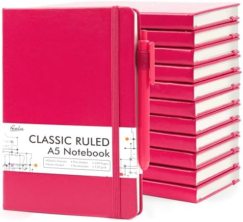 feela 12 Pack Notebooks Journals Bulk, Hardcover Notebook Classic Ruled Lined Journals with Pen Holder for Women Girls School Business Supplies, with 12 Black Pens, 120 GSM, 5.1”x8.3”, A5, Berry by feela