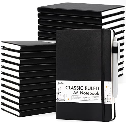 24 Pack Journal Notebook for Work, Feela Business Notebook Bulk Hardcover Lined Writing Journal with Pen Holder for Men Women Note Taking, with 24 Black Pens, 120 GSM, 5.1”x8.3”, A5, Black by feela
